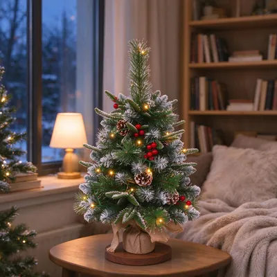 Productafbeelding van YARDIN Kunstkerstboom, 60 cm, groen, decoratieboom met LED-verlichting, sneeuweffect en rode bessen, voor kerstdecoratie