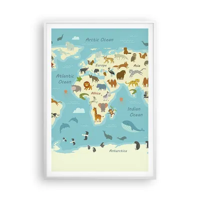 Produktbild von Gerahmtes Poster - Weißer Rahmen - Tiere die Welt Karte - 70x100 cm - Wand Bild - Wanddeko - Wandbilder - Kunstposter - Wandposter - Bilderrahmen - Bilder - Kunstdruck - P2WPA70x100-4860