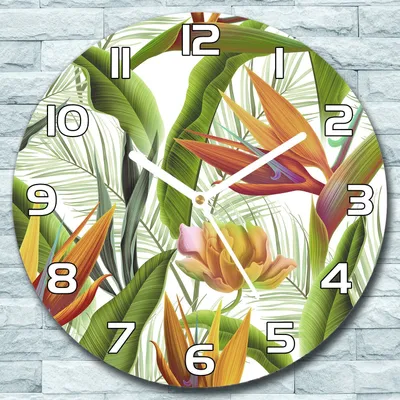 Produktbild von Wanduhr aus Glas Rund fi 30 Tropische Blätter Quarz Deko Schlafzimmer Büro