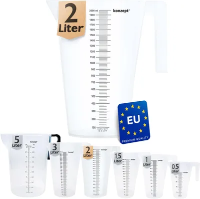 KONZEPT Messbecher 2 Liter, Verschiedene Größen zur Wahl, Ideal für Küche, Garten, Werkstatt, Transparent, Robuster Kunststoff, Stapelbarer Litermaß
