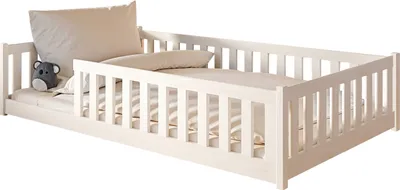 Produktbild von Kinderbett Bodenbett 120x200 cm mit Rausfallschutz & Lattenrost in weiß Mädchen Jungen Bett Jugendbett Einzelbett 120x200 cm