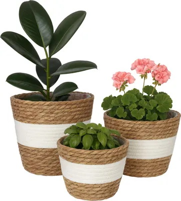Obrázek produktu pro Relaxdays květináče, sada 3 ks, rákos, květináče s fólií, 3 velikosti, styl boho, kulaté květináče, bílé/hnědé