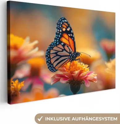 Produktbild von MuchoWow® - Leinwandbilder - Schmetterling - Tiere - Farbenfroh - Natur - Blumen, Wandbild, Wanddeko Bilder Wohnzimmer, 120x80 cm