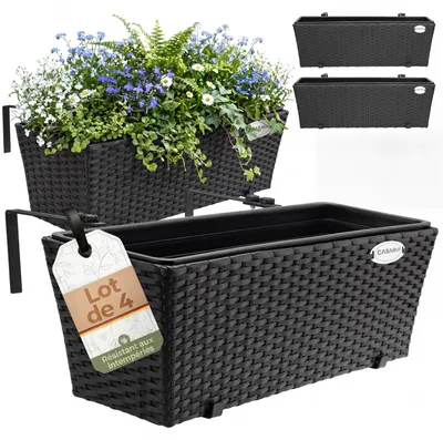 Image de 4x Bac à fleurs 11 litres support de montage intérieur extérieur jardinière pot de fleurs décoration balcon terrasse noir