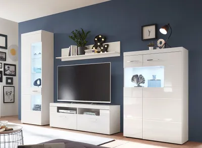 Produktbild von Wohnwand LUGANO in weiß / weiß Hochglanz MDF, LED-Beleuchtung, (BxHxT) 315x205x40 cm