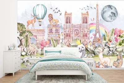 Produktbild von MuchoWow® Fototapete für Wohnzimmer oder Schlafzimmer Wandtapete Vinyl Motivtapete Paris - Regenbogen - Kinder - Rosa - Mädchen - Tiere - 400x300 cm - Kindertapete - Papiertapeten