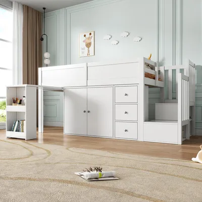 Immagine prodotto di Letto a castello Flieks 90x200cm con scrivania estraibile, letto a soppalco per bambini con cassetti e armadio, letto a castello in legno con rete a doghe, bianco