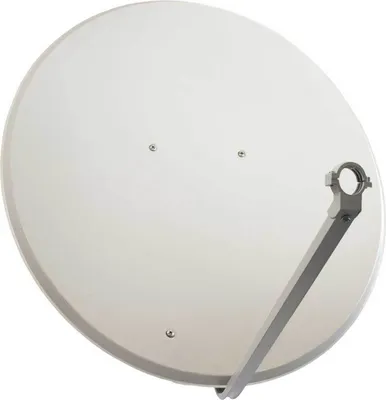 A white satellite dish with a gray mounting arm, isolated on a white background.