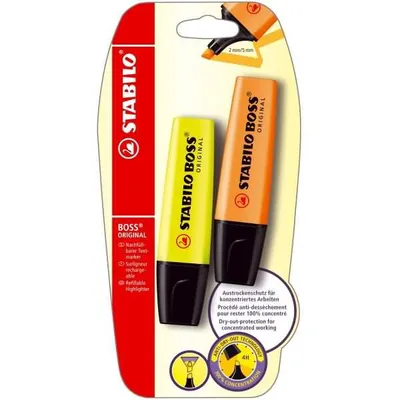 Zdjęcie produktu dla STABILO Boss Original, 2 szt., Pomarańczowy, Żółty, Końcówka ścięta, Wielobarwny, Prostokąt, 2 mm