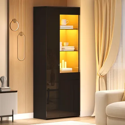 Produktbild von STILVORA Vitrinenschrank mit LED-Beleuchtung und Schubladen, Hochschrank mit Glasvitrine und Schrank, Highboard mit Trennwandlagerung, Schwarz