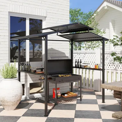Produktbild von Grillpavillon 250 x 160 x 250 cm, Doppelschichtdach, BBQ-Pavillon mit Seitenregalen, Schwarz, Metall, wasserdicht, UV-Schutz, Grillzelt für den Garten