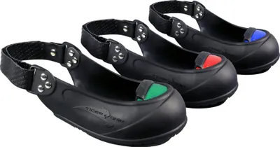 Three black overshoes with colored accents (green, red, blue) are displayed against a white background.