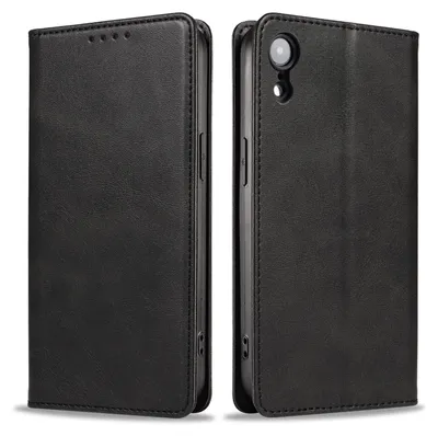 A black leather flip phone case shown from two angles.