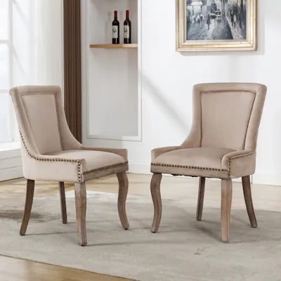 Productafbeelding van AIORBER Eetkamerstoelen, (2 stuks), gestoffeerde stoel met nageldecoratie, massief houten poten, fluwele bekleding, geschikt voor woonkamer en eetkamer, 55x61x91cm, beige