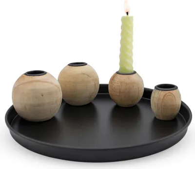 Produktbild von Magnet Kerzentablett rund schwarz mit 4 Holz Halter für Stabkerzen - 23 cm - Metall Kerzenständer mit 4 magnetischen Holzkugel Kerzenhalter