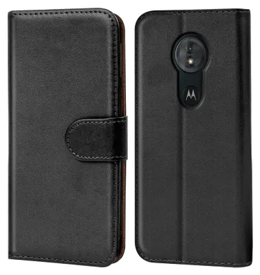 A black flip case for a smartphone, shown from the front and back.