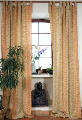 Produktbild von Boho Vorhänge, überlange Gardine (1 Paar ) mit Schlaufen, Handbedruckter Ethno Style Vorhang - Muster Orange, Baumwolle, 250*100*0,2 cm, Dekovorhänge