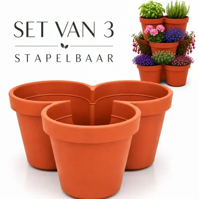 Produktbild von Benza – Stapelbares Blumentopf-Set (3-teilig) – Ø 44 x 20 cm – 9 Pflanzfächer – Terrakotta – 90 % recyceltes Material, KI-generiertes Bild