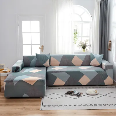 Produktbild von Sofa Überwürfe Sofabezug L Form Elastische, Stretch Sofaüberwurf Antirutsch 2er Set 3 Sitzer + 3 Sitzer Sofahusse Sofa Bezug für L-Form Sofa mit 4 Stücke Kissenbezug (Rosa Grau Geometrie)