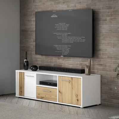 Produktbild von Forte CARDIGAN TV-Schrank 160, modernes Lowboard, 2-türig, 1 Schublade, Wohnzimmer, Holzwerkstoff, Artisan Eiche Holzdekor|Weiß, 162,6 cm breit x 43,9 cm hoch x 41,5 cm tief