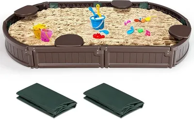 Produktbild von Sandkasten mit Abdeckung und Bodenplane, Sandbox mit Sitzecken, Sandkiste für Kinder für Garten Outdoor (Oval)