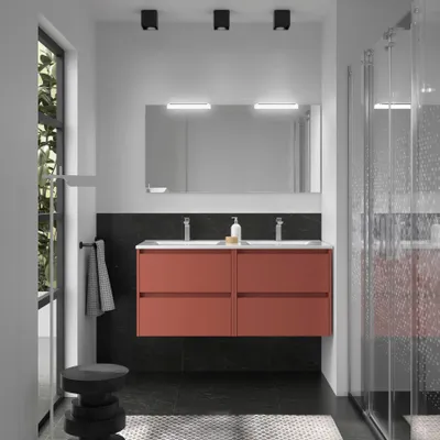 Produktbild von Badmöbelset NOJA 1200 4 Schubladen ROT SATIN + Waschbecken + Spiegel