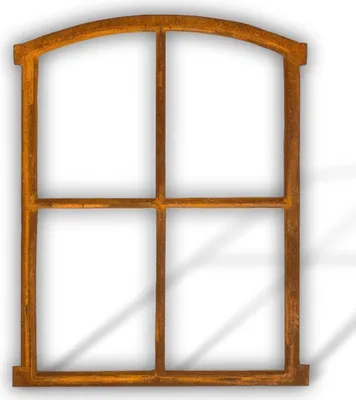 A rustic, antique-style window frame made of iron, with a curved top and divided into four panes by horizontal and vertical bars. The iron has a weathered, rusty appearance.
