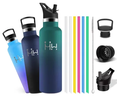 Produktbild von Edelstahl Trinkflasche 500ml, Thermosflasche mit 6 Strohhalmen, Wasserflasche