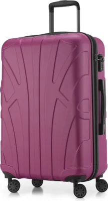 A magenta suitcase is shown from a three-quarter front view against a white background.