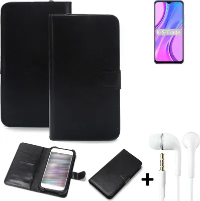 Produktbild von K-S-Trade Wallet Case Handyhülle kompatibel mit Xiaomi Redmi 9 Schutzhülle Flip cover Flipstyle Tasche Hülle Flipcover Slim Bumper schwarz + in ear