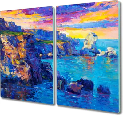 Produktbild von Coloray Hackbrett Küchenbrett Kochplattenabdeckung Schneidebrett Herdabdeckplatte 2x30x52 cm - Küstenklippen Sonnenuntergang