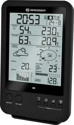 A black digital weather station displaying various weather information.