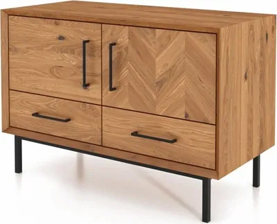 Produktbild von Kommode Seiba Wildeiche massiv 97x45x65 Fischgrätmuster mit 2 Türen 2 Schubladen