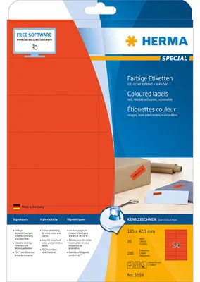 Image de HERMA 5059 Étiquettes A4 rouges 105x42,3 mm papier mat 280 pcs.