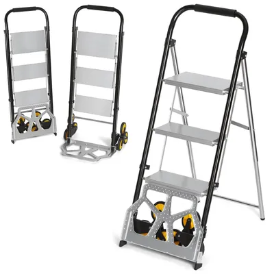 Produktbild von Vigevee 2 in 1 Treppenkarre Sackkarre mit 3-stufiger Klappleiter, klappbarer Transportwagen 80 kg, Leiter 150 kg, Schwarz Silber