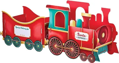 A 3D model of a red Christmas train gift box with teal accents.