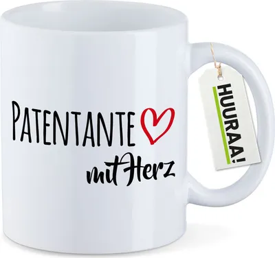 Produktbild von Huuraa Kaffeetasse Patentante mit Herz 330ml Weiß Keramik Kaffeebecher Geschenkidee