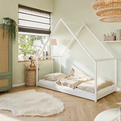 Produktbild von Hausbett Kinderbett 90x200 cm Bett mit Lattenrost Bed Kinder Jugendbett Einzelbett Spielbett Hausbett Himmel | weiß Kiefer Holz massiv Junge Mädchen 200x90 cm