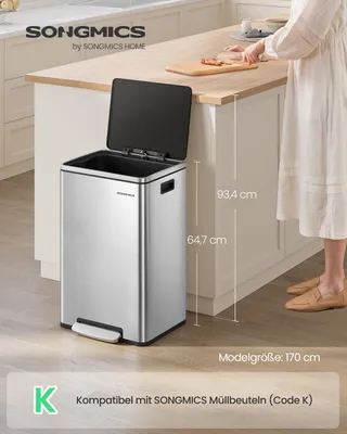 Image de Poubelle grande avec couvercle et bac intérieur amovible | Argentée | 37,2 x 41,6 x 64,7 cm