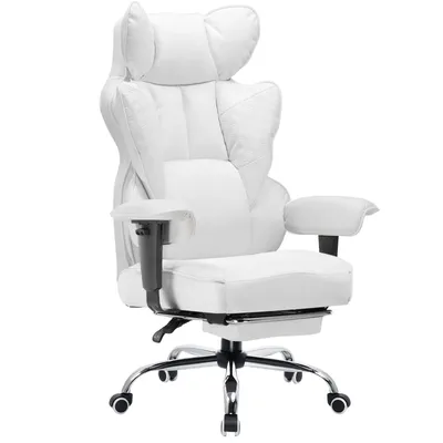 A white ergonomic office chair with a footrest.