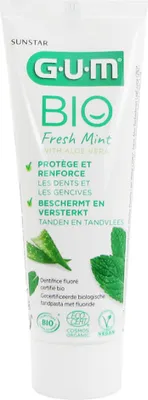 Produktbild von GUM BIO, Anti-Plaque-Zahnpasta, 75 ml, Erwachsener, Paste, Minze, Sorbitol*, Hydrated Silica*, Mentha Piperita Leaf Water (20%)**, Aqua*, Aloe Barbadensis Leaf...
