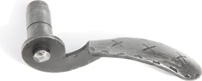 A close-up studio shot of a single, ornate door handle made of dark metal.