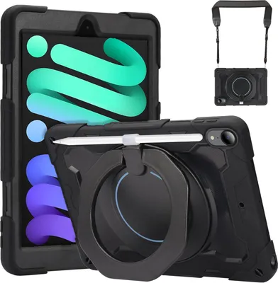 Produktbild von Conie Tablet Umhänge Tasche für iPad Mini 7 Hybrid Case stabile Schutz Hülle PEN Halter Kantenschutz Aufstellfunktion in Schwarz