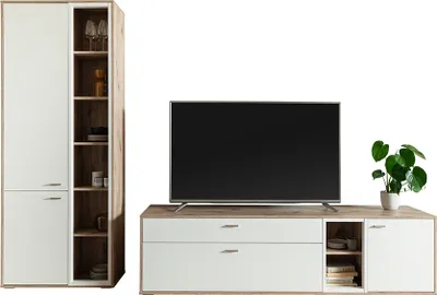 Produktbild von Wohnwand in Eiche und weiß modern mit LED-Beleuchtung, 2-teilig - SAGUNTO-05