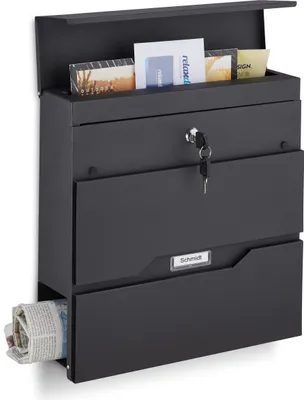 Image de Boîte aux lettres Relaxdays avec compartiment à journaux et plaque nominative, dimensions extérieures 37 x 37 x 11 cm, 2 clés, boîte aux lettres moderne, noire