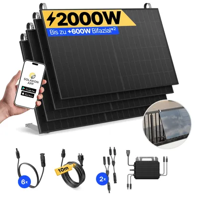 Produktbild von Balkonkraftwerk 2000W Solaranlage mit Balkon Halterung Steckerfertig Komplettset Photovoltaik Anlage 800W, Kabellänge: 10m, Solakon - onPower