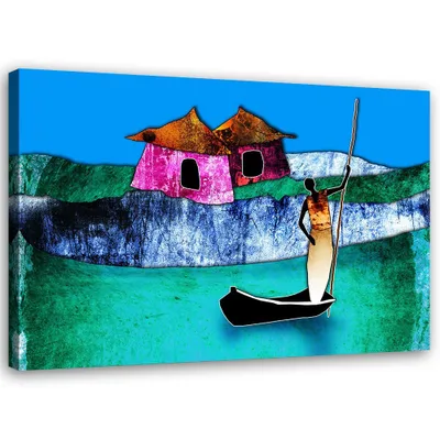 Produktbild von Leinwandbild afrikanische frau in einem boot 90x60 cm Feeby grün wandbild bereit zum aufhängen