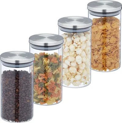 Immagine prodotto di Set di 4 barattoli per conserve Relaxdays, barattolo per pasta da 1000 ml, ermetico, coperchio in acciaio inossidabile, contenitore per conserve da cucina, trasparente/argento