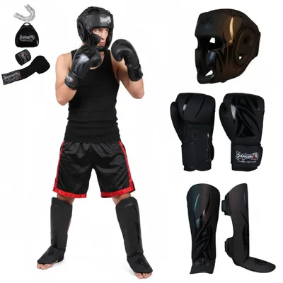 Produktbild von Dragon do Mamba Box-Set Profi Boxhandschuhe einzeln im Set 2-3-5er Schienbeinschoner Kopfschutz Bandagen Zahnschutz Für Muay Thai Kickboxen MMA (Mamba 5er-Komplettset: Full-Protection- 10 Oz)
