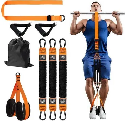 Productafbeelding van Unyqoos® Verstelbare weerstandsbandset voor krachttraining – 3 banden, voetsteunen, verstelbare schouderband, metalen ringen en een nylon draagtas